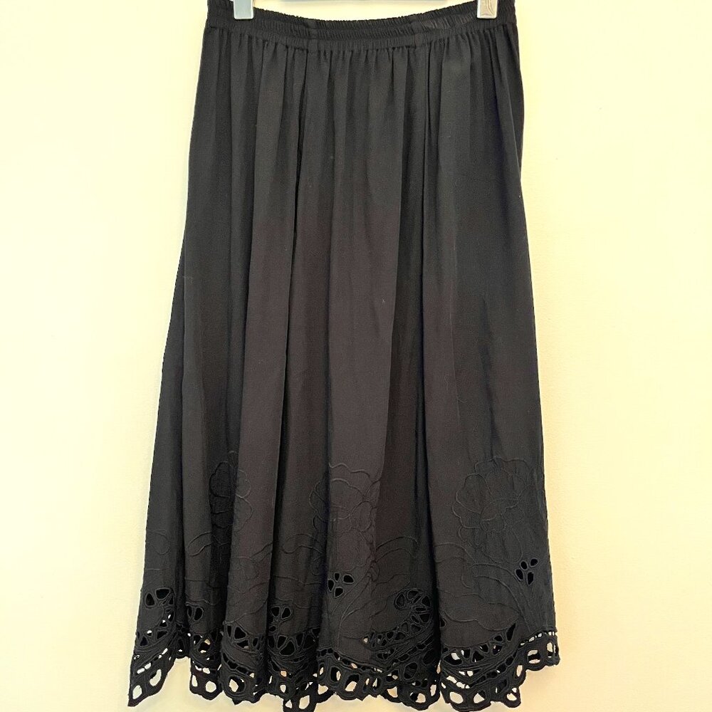 Yaya Boho Embroidered Black Midi Skirt with Cutwork Hem, Size Large